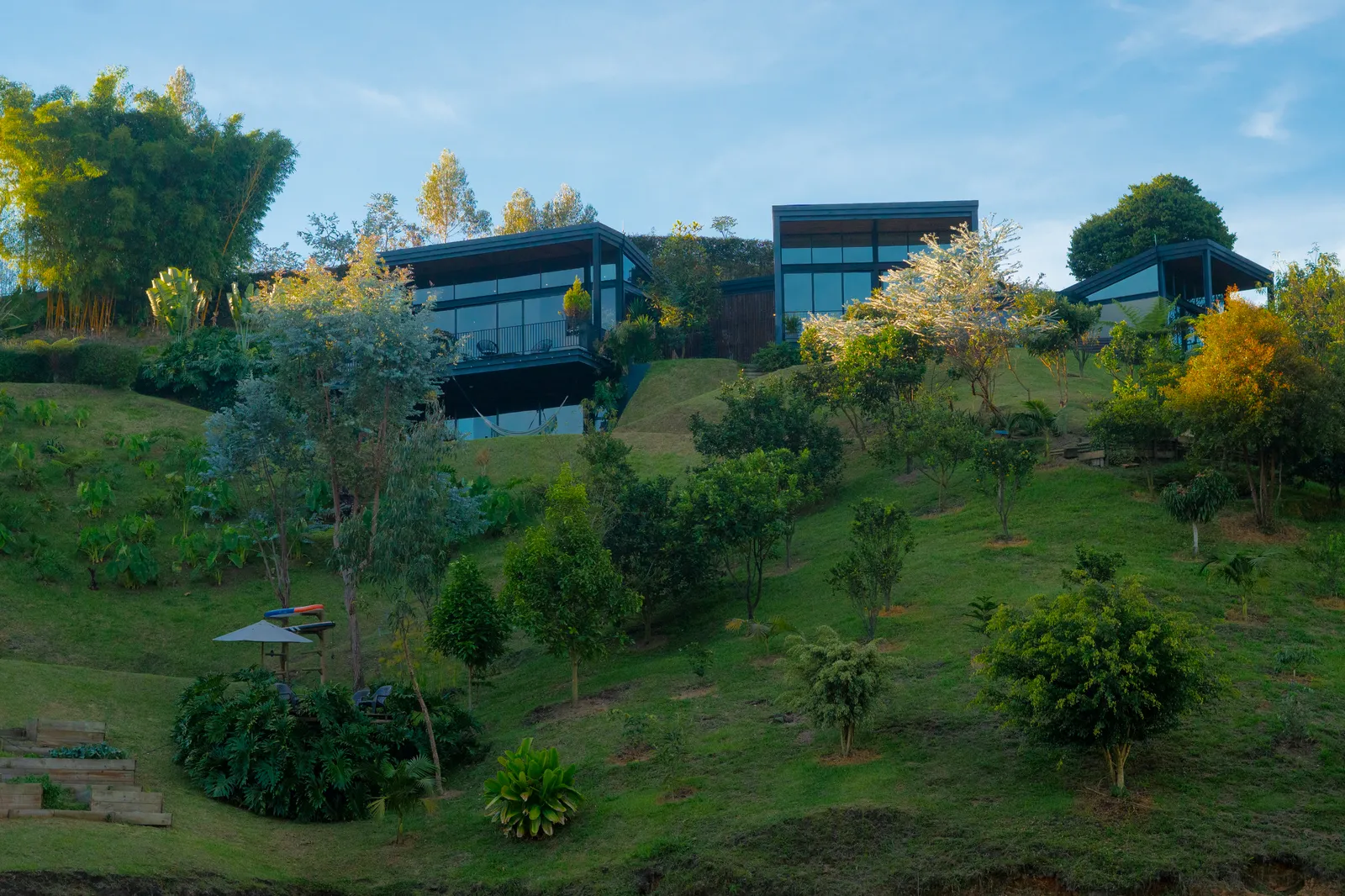 Aerial view of Buena Vida villa above Lake Guatapé