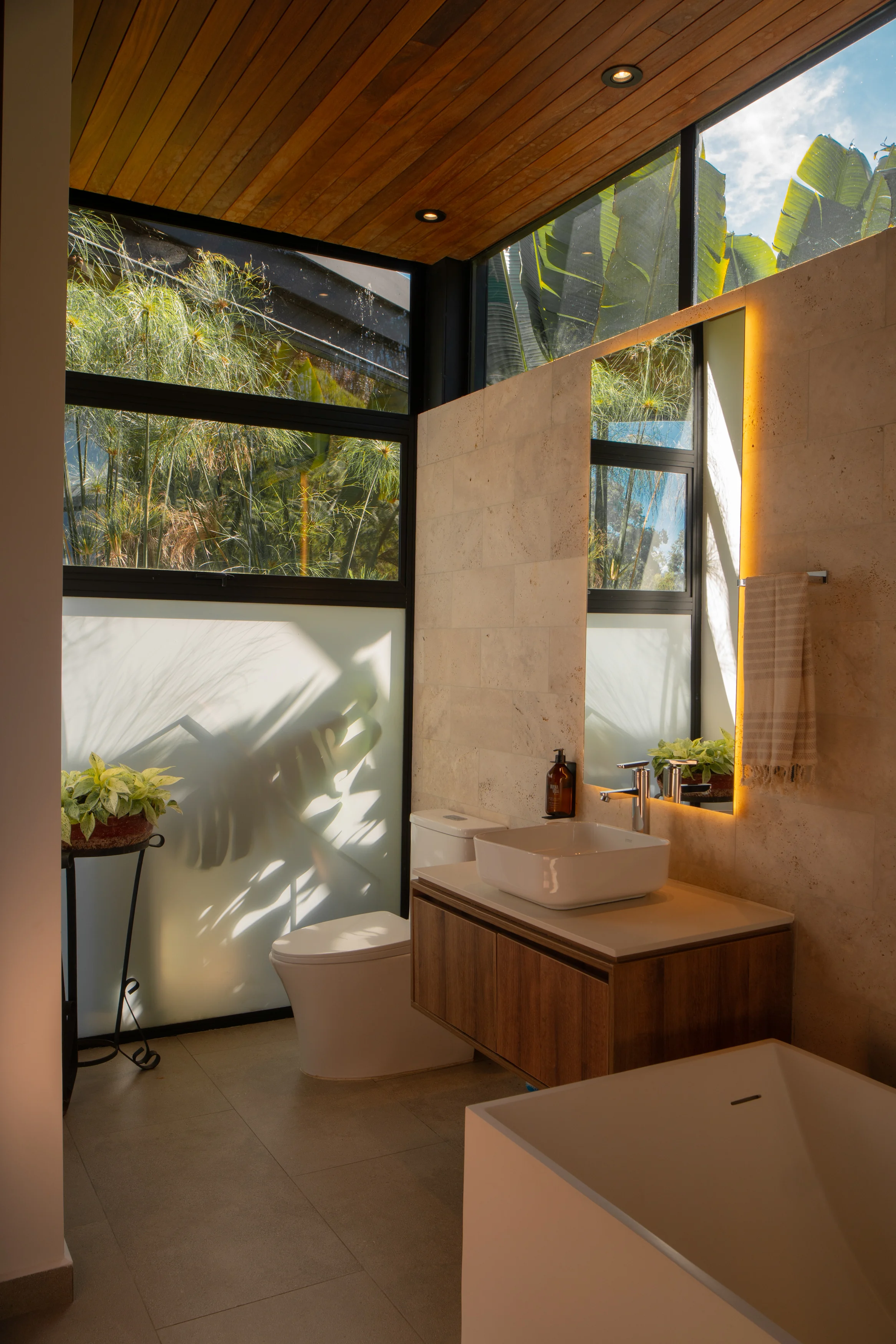 Modern bathroom with wood ceiling and skylights