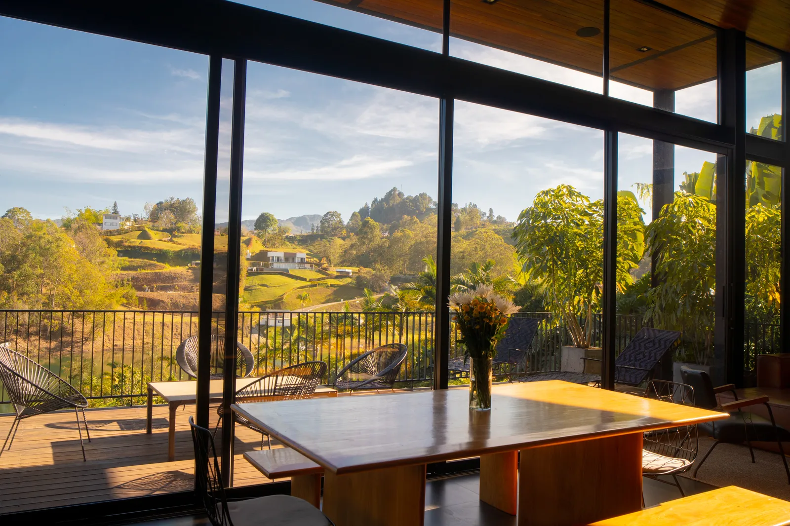 Dining table with sweeping lake views