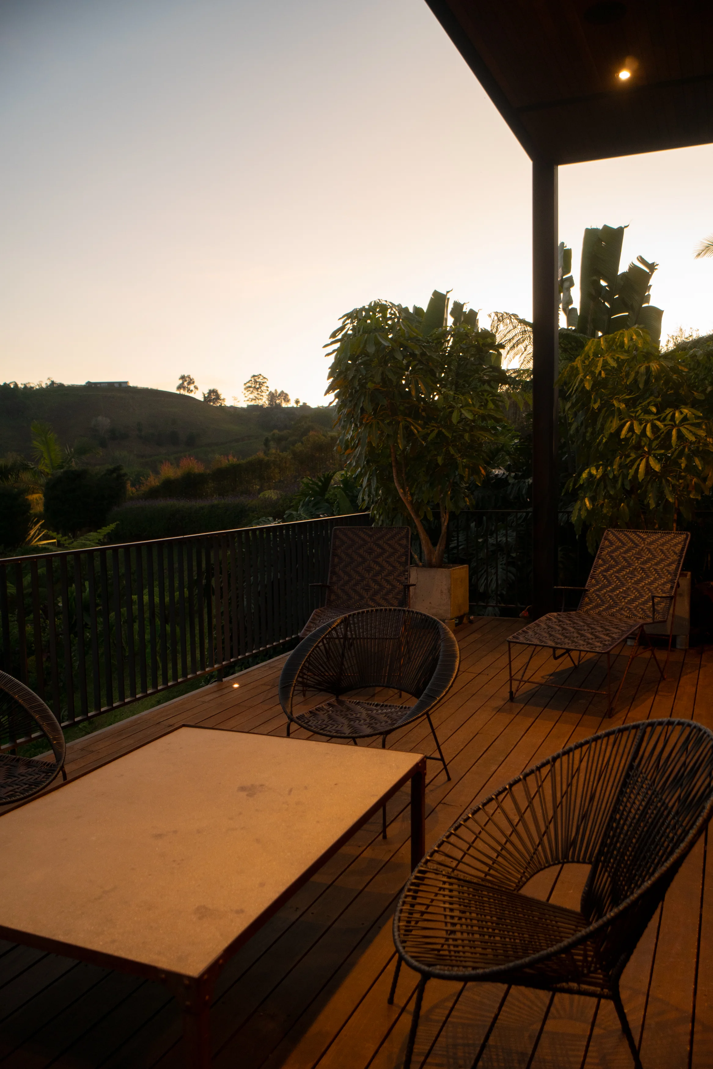 Sunset terrace with lounge chairs